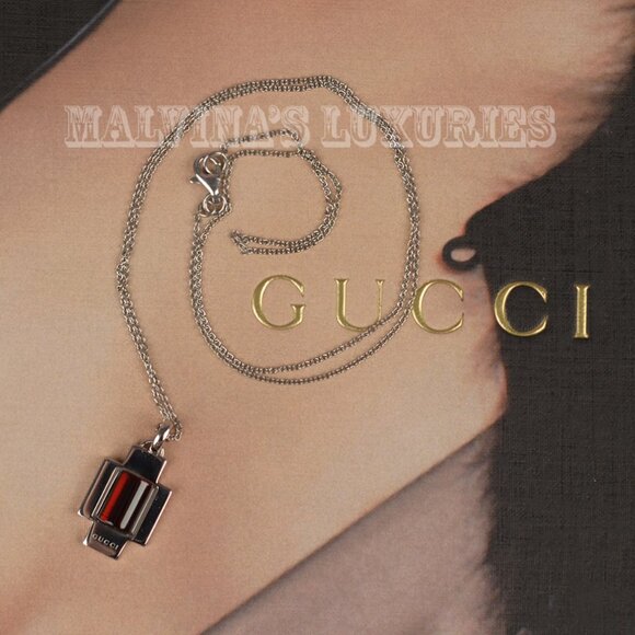 GUCCI NECKLACE GARNET CROSS LOGO PENDANT STERLING SILVER CHAIN 354930 - Picture 2 of 6